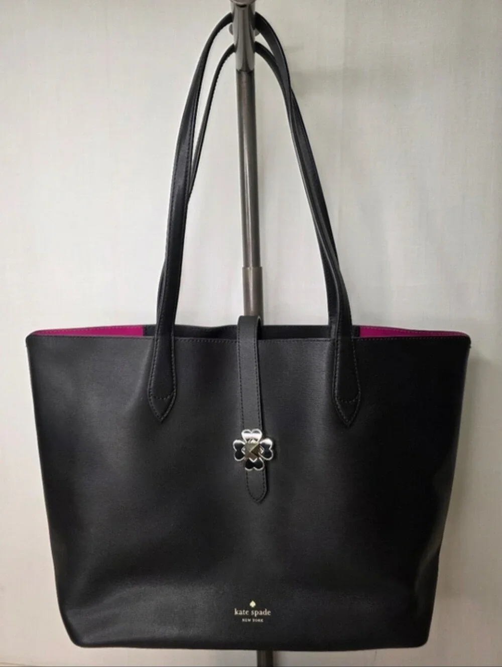 Kate Spade Black Leather Tote Bag Pink Interior Spade Flower Twist Lock